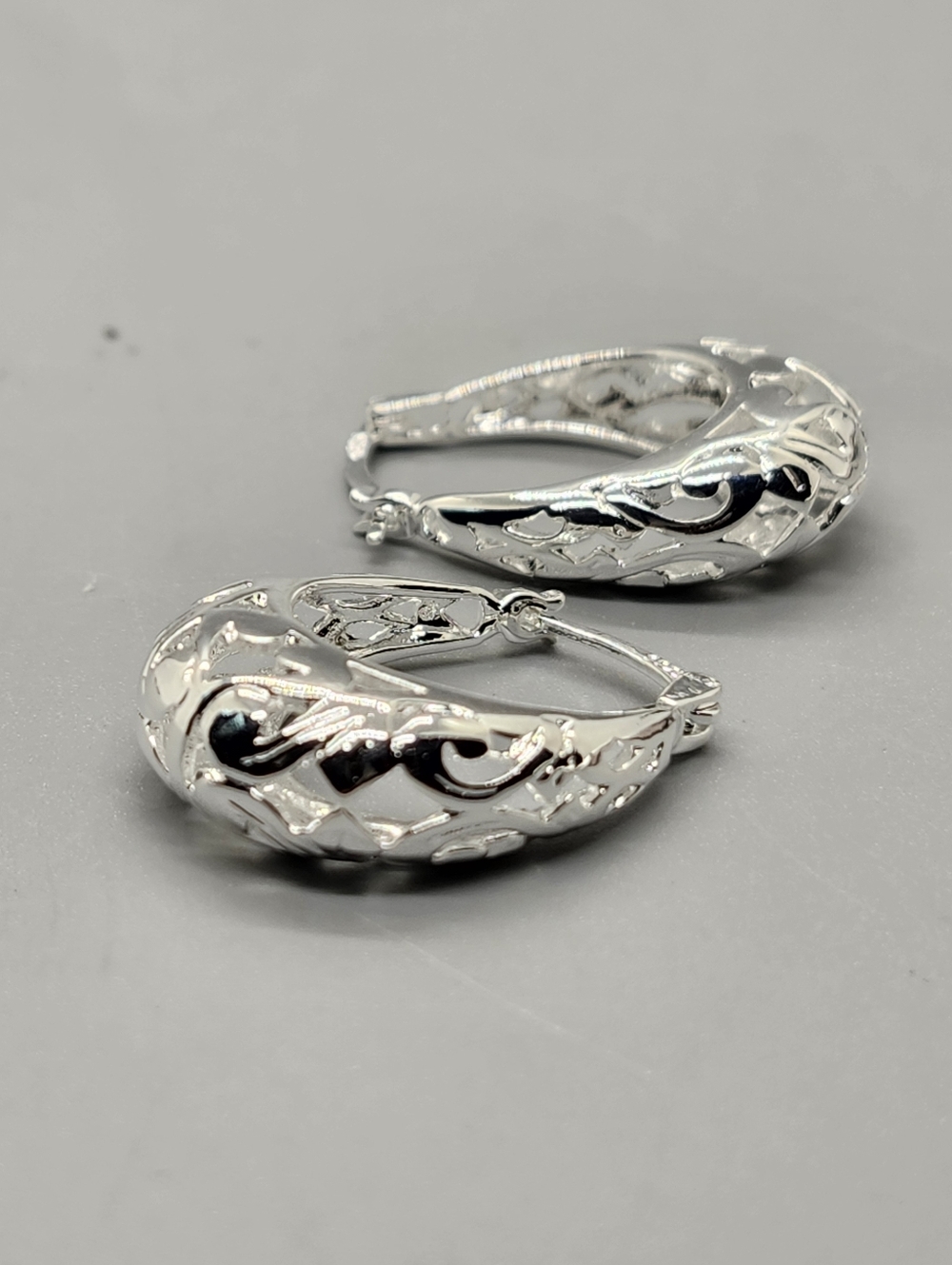 Sterling Silver Carved Hoop Earrings - Picture 6 of 12